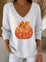 Women Halloween (pumpkin) Long Sleeve Tee T-shirt V Neck Printing Casual Spring/Fall Top