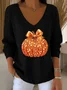 Women Halloween (pumpkin) Long Sleeve Tee T-shirt V Neck Printing Casual Spring/Fall Top