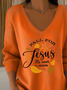 Women Text Letters Long Sleeve Tee T-shirt V Neck Printing Casual Spring/Fall Top