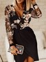 Women Floral Long Sleeve Spring/Fall Split Joint Dress V Neck Daily Casual Mini Hip Skirt A-Line Dress
