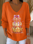Women Halloween (pumpkin) Long Sleeve Tee T-shirt V Neck Printing Casual Spring/Fall Top
