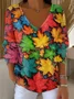 Women Maple Leaf Long Sleeve Tee T-shirt V Neck Printing Casual Spring/Fall Top