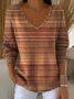 Women Abstract Stripes Long Sleeve Tee T-shirt V Neck Printing Casual Spring/Fall Top