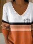 Women Multicolor Block Long Sleeve Tee T-shirt V Neck Printing Casual Spring/Fall Top