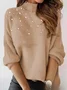 Women Plain Beaded Winter Street Long Sleeve Crew Neck Sweater