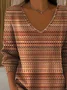 Women Abstract Stripes Long Sleeve Tee T-shirt V Neck Printing Casual Spring/Fall Top