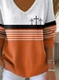 Women Multicolor Block Long Sleeve Tee T-shirt V Neck Printing Casual Spring/Fall Top