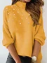Women Plain Beaded Winter Street Long Sleeve Crew Neck Sweater