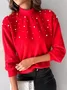 Women Plain Beaded Winter Street Long Sleeve Crew Neck Sweater