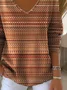 Women Abstract Stripes Long Sleeve Tee T-shirt V Neck Printing Casual Spring/Fall Top