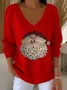 Women Santa Claus Long Sleeve Tee T-shirt V Neck Printing Casual Spring/Fall Top