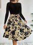 Women Floral Long Sleeve Spring/Fall Printing Dress Crew Neck Daily Vintage Mini Tank A-Line Dress