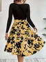 Women Floral Long Sleeve Spring/Fall Printing Dress Crew Neck Daily Vintage Mini Tank A-Line Dress