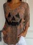 Women Halloween Three Quarter Sleeve Tee T-shirt V Neck Vintage Spring/Fall Top