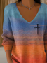 Women Abstract Long Sleeve Tee T-shirt V Neck Printing Casual Spring/Fall Top