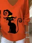 Women Cat Long Sleeve Tee T-shirt V Neck Printing Casual Spring/Fall Top