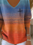 Women Abstract Long Sleeve Tee T-shirt V Neck Printing Casual Spring/Fall Top