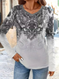 Women Ethnic Long Sleeve Tee T-shirt V Neck Printing Casual Spring/Fall Graphic Tee Top