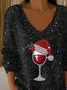 Women Christmas Long Sleeve Tee T-shirt V Neck Printing Casual Spring/Fall Top