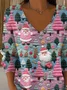 Women Santa Claus Long Sleeve Tee T-shirt V Neck Printing Casual Spring/Fall Top