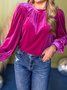 Women Plain Long Sleeve Shirt Spring/Fall Gathered Crew Neck Puff Sleeve Daily Casual Top