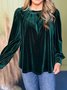 Women Plain Long Sleeve Shirt Spring/Fall Gathered Crew Neck Puff Sleeve Daily Casual Top