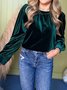Women Plain Long Sleeve Shirt Spring/Fall Gathered Crew Neck Puff Sleeve Daily Casual Top