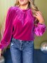 Women Plain Long Sleeve Shirt Spring/Fall Gathered Crew Neck Puff Sleeve Daily Casual Top
