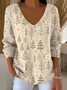 Women Christmas Long Sleeve Tee T-shirt V Neck Printing Casual Spring/Fall Top