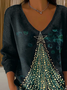 Women Christmas Long Sleeve Tee T-shirt V Neck Printing Casual Spring/Fall Top