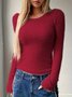 Women Plain Long Sleeve Tee T-shirt Crew Neck Split Joint Casual Spring/Fall Top