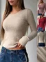 Women Plain Long Sleeve Tee T-shirt Crew Neck Split Joint Casual Spring/Fall Top