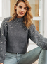 Women Plain Beaded Winter Street Balloon Sleeve Long Sleeve Mock Neck Cotton-Blend Sweater