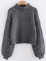 Women Plain Beaded Winter Street Balloon Sleeve Long Sleeve Mock Neck Cotton-Blend Sweater