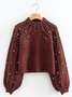 Women Plain Beaded Winter Street Balloon Sleeve Long Sleeve Mock Neck Cotton-Blend Sweater