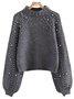 Women Plain Beaded Winter Street Balloon Sleeve Long Sleeve Mock Neck Cotton-Blend Sweater