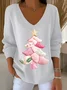 Women Christmas Long Sleeve Tee T-shirt V Neck Printing Casual Spring/Fall Top
