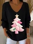 Women Christmas Long Sleeve Tee T-shirt V Neck Printing Casual Spring/Fall Top