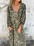 Women Floral Long Sleeve Spring/Fall Printing Dress V Neck Balloon Sleeve Daily Vintage Maxi T-Shirt Dress A-Line Dress