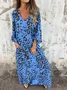 Women Floral Long Sleeve Spring/Fall Printing Dress V Neck Balloon Sleeve Daily Vintage Maxi T-Shirt Dress A-Line Dress