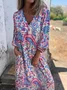 Women Floral Long Sleeve Spring/Fall Printing Dress V Neck Balloon Sleeve Daily Vintage Maxi T-Shirt Dress A-Line Dress