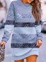 Women Striped Long Sleeve Spring/Fall Printing Dress Crew Neck Daily Vintage Mini Hip Skirt A-Line Dress