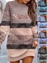 Women Striped Long Sleeve Spring/Fall Printing Dress Crew Neck Daily Vintage Mini Hip Skirt A-Line Dress