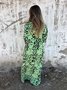 Women Floral Long Sleeve Spring/Fall Printing Dress V Neck Balloon Sleeve Daily Vintage Maxi T-Shirt Dress A-Line Dress