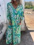 Women Floral Long Sleeve Spring/Fall Printing Dress V Neck Balloon Sleeve Daily Vintage Maxi T-Shirt Dress A-Line Dress