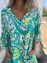 Women Floral Long Sleeve Spring/Fall Printing Dress V Neck Balloon Sleeve Daily Vintage Maxi T-Shirt Dress A-Line Dress