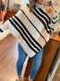 Women Striped Printing Winter Street Long Sleeve Mock Neck Sweater