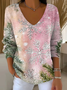 Women Christmas Long Sleeve Tee T-shirt V Neck Printing Casual Spring/Fall Top