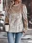 Women Plain Long Sleeve Tee T-shirt Crew Neck Split Joint Vintage Spring/Fall Top