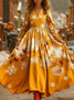 Women Christmas Long Sleeve Spring/Fall Dress V Neck Holiday Vintage Maxi A-Line Dress